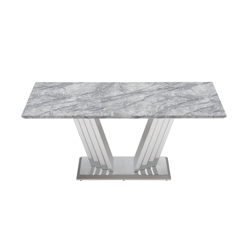 70'' Rectangle Faux Marble Dining Table with Mirrored Finish Stainless Steel Base - Grey+Silver