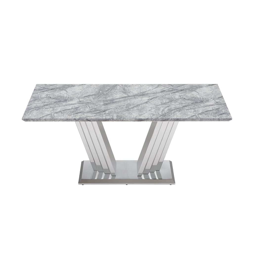 70'' Rectangle Faux Marble Dining Table with Mirrored Finish Stainless Steel Base - Grey+Silver