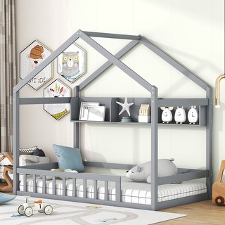 Wooden Twin-Size House Bed with Storage Shelf, Kids Bed with Fence and Roof