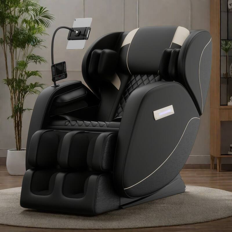 PU Leather Zero Gravity Full-Body Massage Chair with Foot Roller, Lumbar Heat, and Bluetooth Speakers - Black