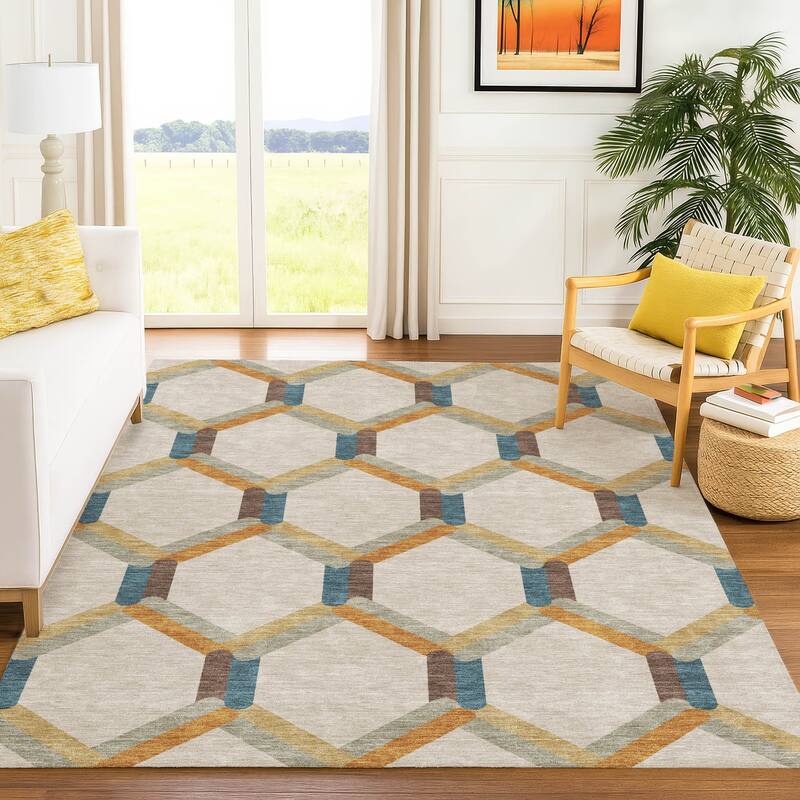 Machine Washable Indoor/ Outdoor Modern Trellis Chantille Rug