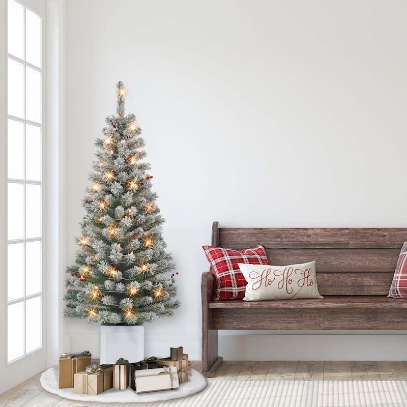 Puleo International Set of 2 5 ft. Pre-Lit Potted Flocked Western Spruce Trees - 5 Foot