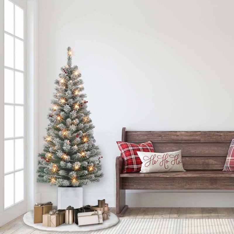 Puleo International Set of 2 5 ft. Pre-Lit Potted Flocked Western Spruce Trees