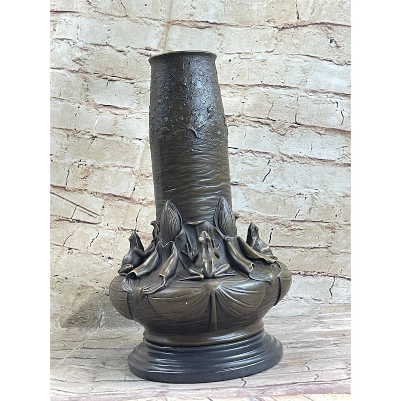 Bronze Metal Vase W/ Frogs On Lilly Pads Handmade Sculpture Signed Jean Bunand