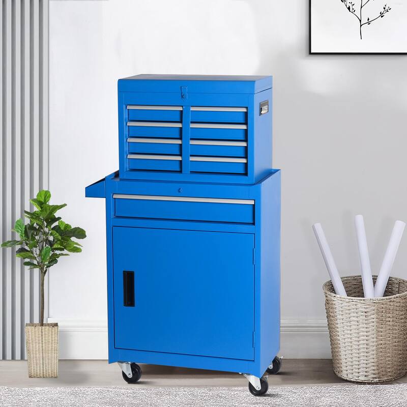 Modern and convenient work supply tool cabinet set with handles, drawers and cabinets, metal frame for garage workshop - Blue