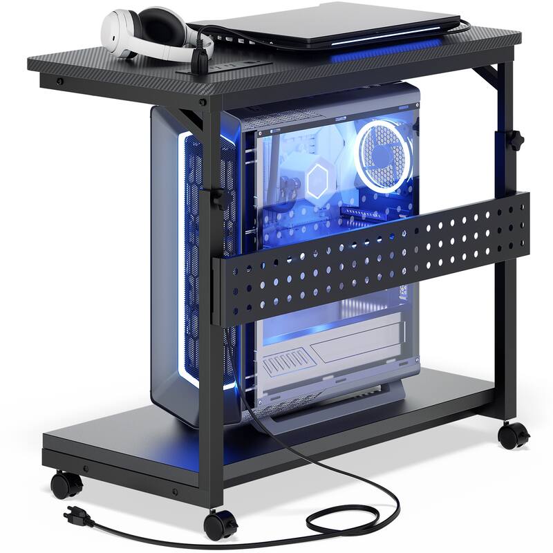 Rolling Computer Stand with Charging Station, Height Adjustable CPU Holder - Black