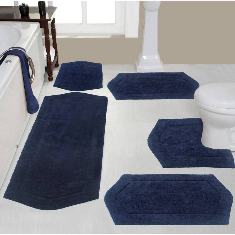 Waterford Collection 100% Cotton Non-Slip Bathroom Rug Set, Machine Washable Bath Rug, 5 Piece Bath Mat Set with Contour - Navy