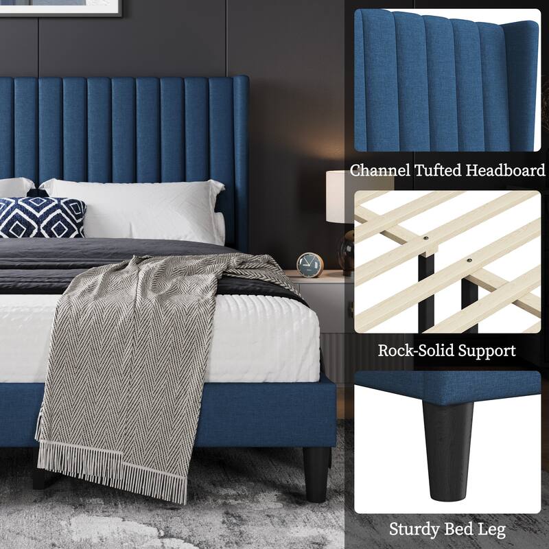 Yaheetech Upholstered Bed Frame with Wing Side Fabric Upholstered Bed with Headboard