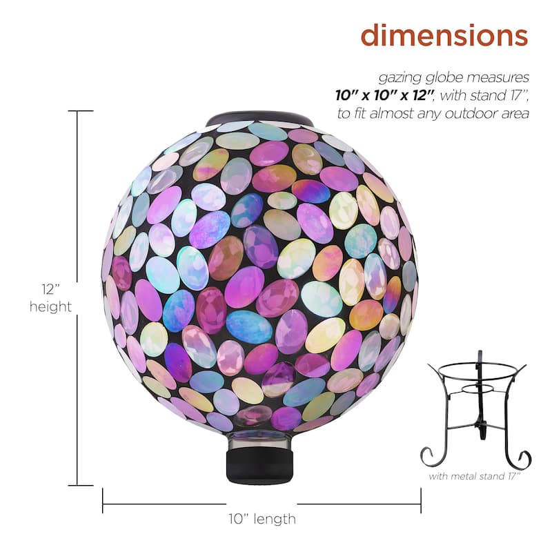 Alpine Corporation Outdoor Solar Powered Pink Glass Mosaic Gazing Globe with LED Lights and Metal Stand, Violet