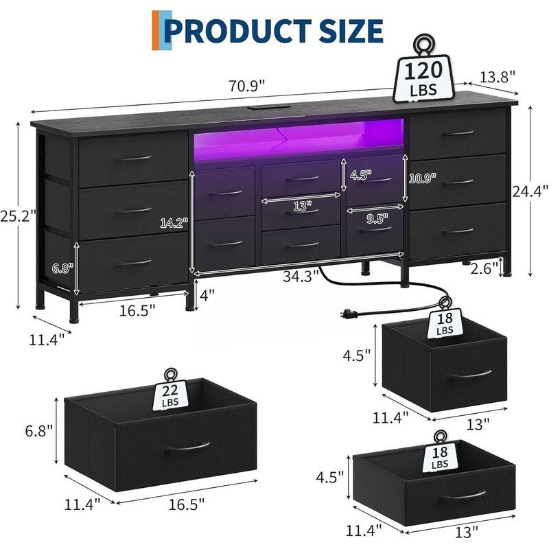 70 Inch Long Dresser TV Stand with 13 Chest of Fabric Drawers, Power Outlets and LED Lights