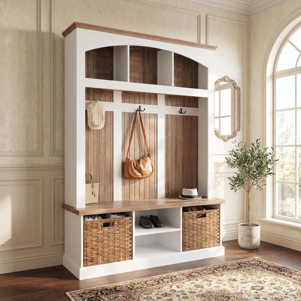 Entryway Hall Tree with Shoe Bench and 2 Rattan Baskets, Mudroom Storage Organizer
