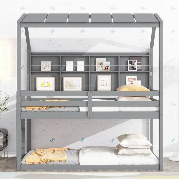 slide 2 of 21, Twin Over Twin Bunk Bed with House Semi-enclosed Roof Grey