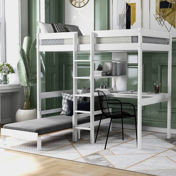 slide 2 of 5, Convertible Loft Bed with L-Shape Desk, Twin Bunk Bed with Shelves and Ladder, White White