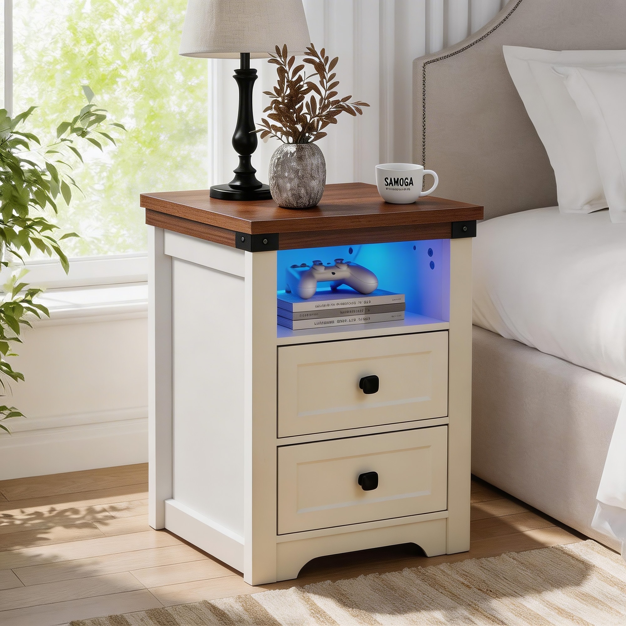 Farmhouse Nightstand with Charging Station, 2-Drawer Bedside Table with Open Shelf