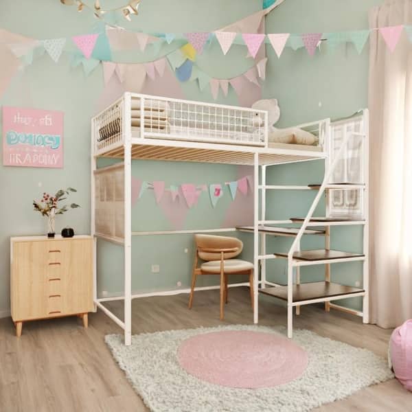 slide 2 of 20, Twin Size Loft Metal Bed for Bedroom And Dormitory,with Built-In Charging Station And Led Lighting White