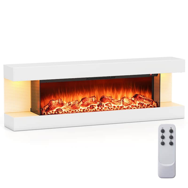 White Wall Mounted Floating Electric Fireplace with and 3-Sided Tempered Glass and Remote Control