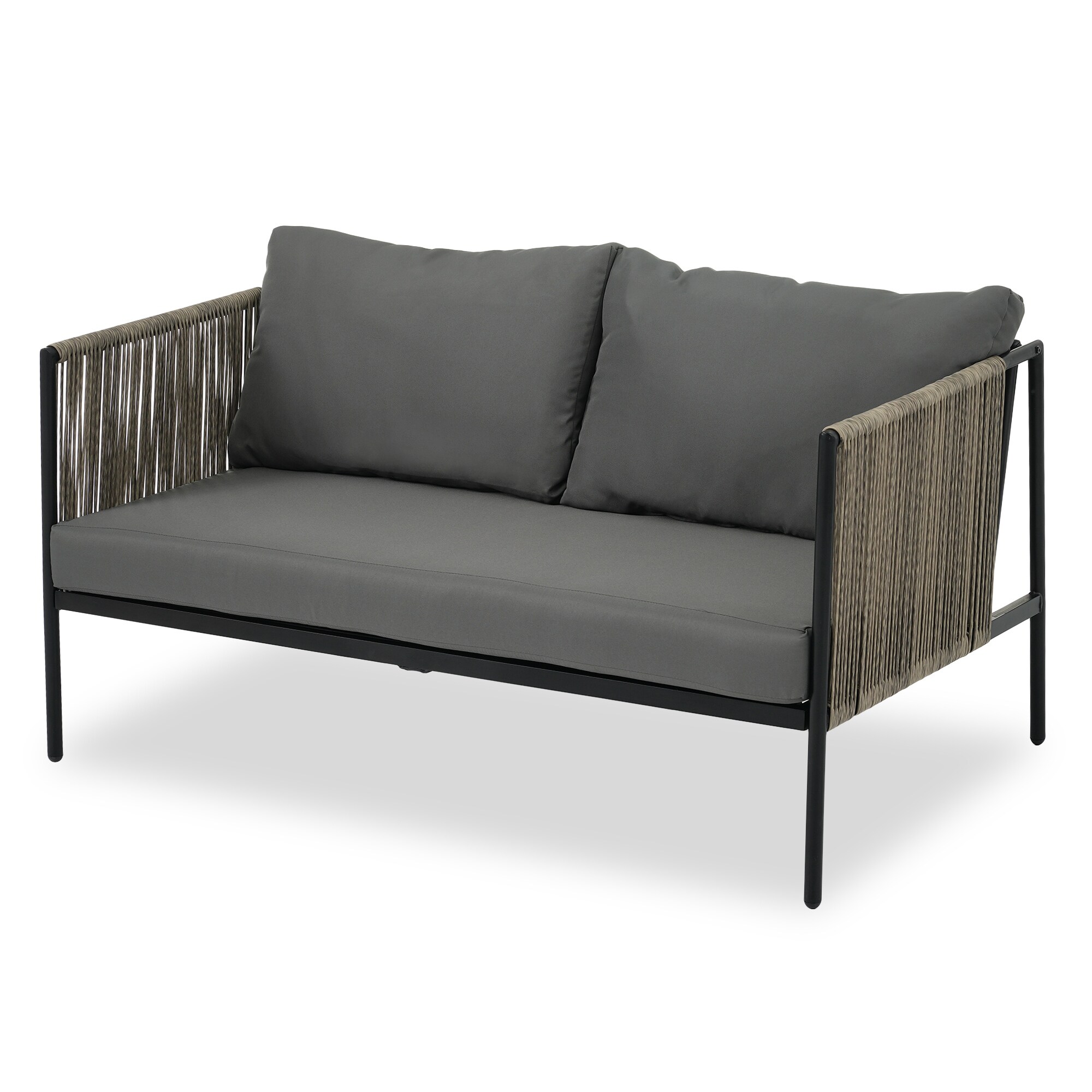 4-Piece Rope Sofa Set with Thick Cushions and Glass Table, Grey