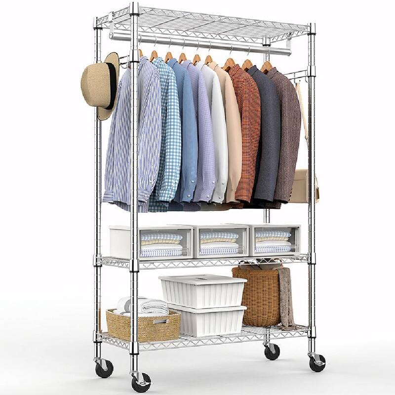 Heavy Duty Rolling Garment Rack with Wheels, 3-Tier Adjustable Wire Shelving, Clothes Rack with Rods & Side Hooks
