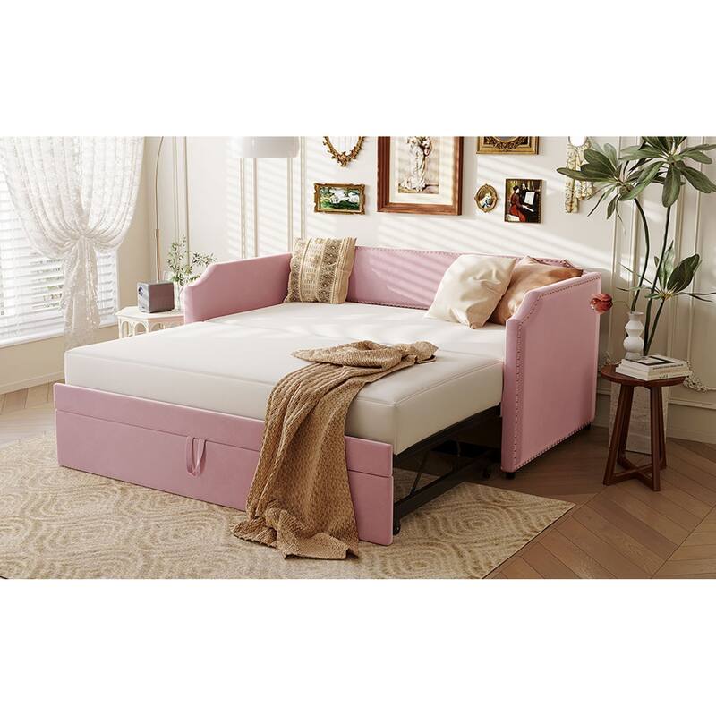 Roomfitters Twin Size Velvet Upholstered Daybed with Pop Up Trundle, Space Saving Sofa Bed Frame with Slats
