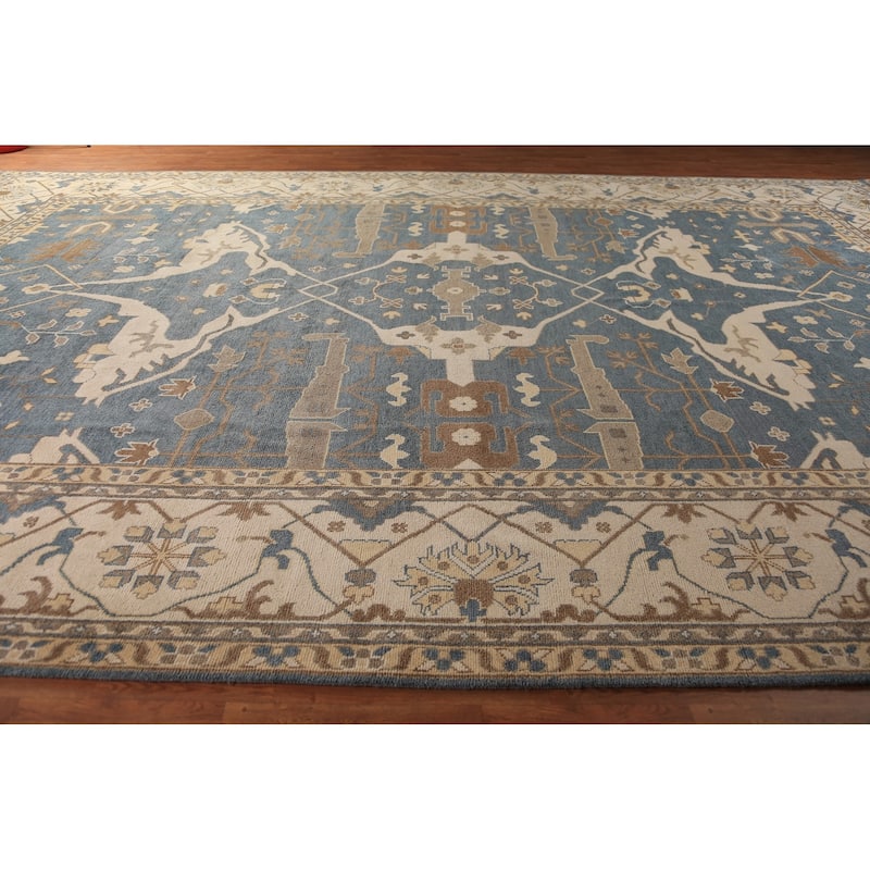 All-Over Blue & Ivory Oushak Indian Large Rug Hand-Knotted Wool Carpet - 13'1"x 20'7"