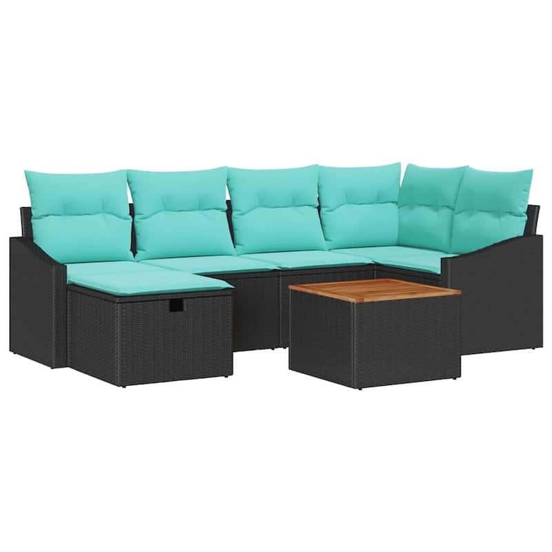 vidaXL 7 Garden Sofa Set with Cushions Black/Grey Poly Rattan - 91.9 x 48.6 x 27.2