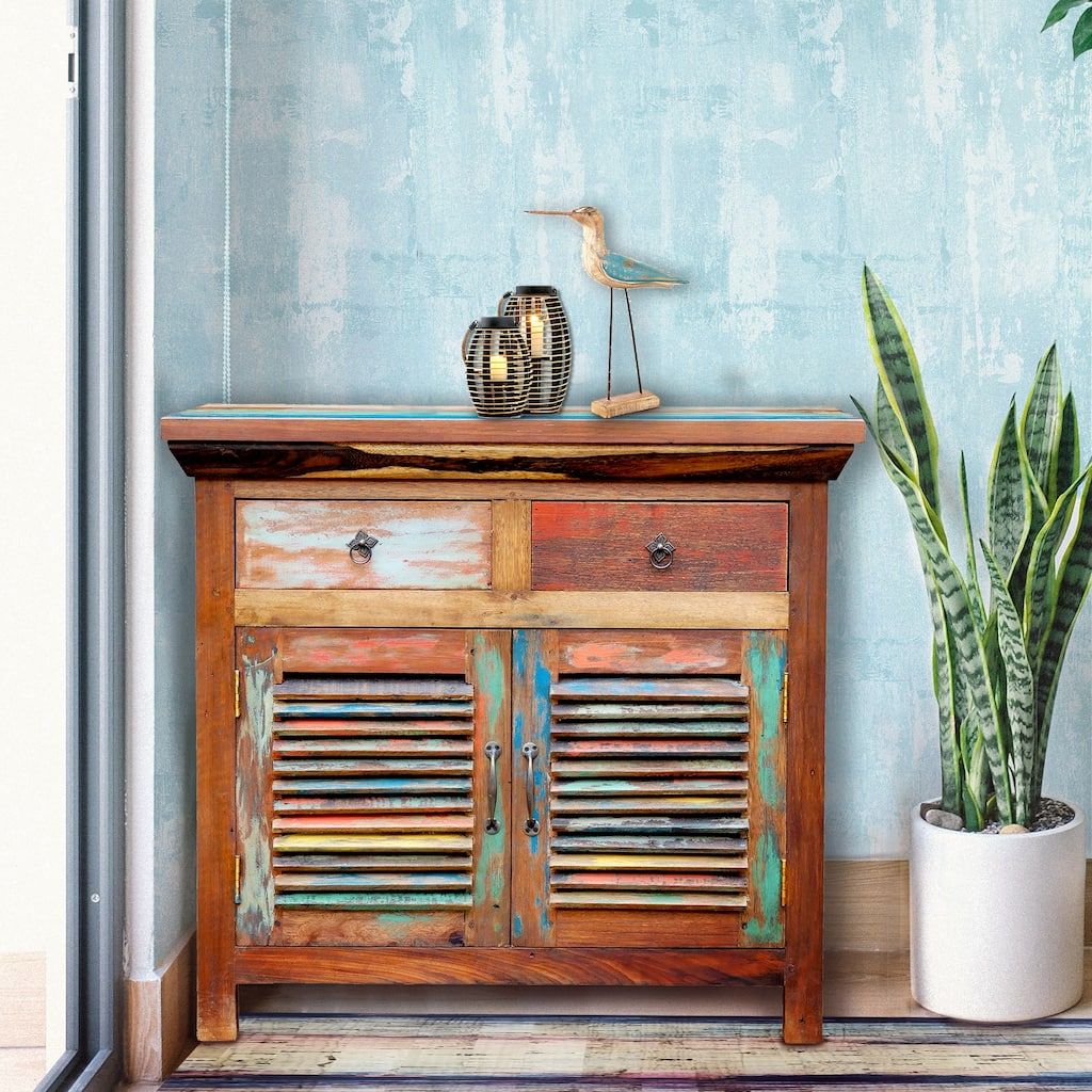Chic Teak Chest with 2 Slatted Doors 2 Drawers made from Recycled Teak Wood Boats