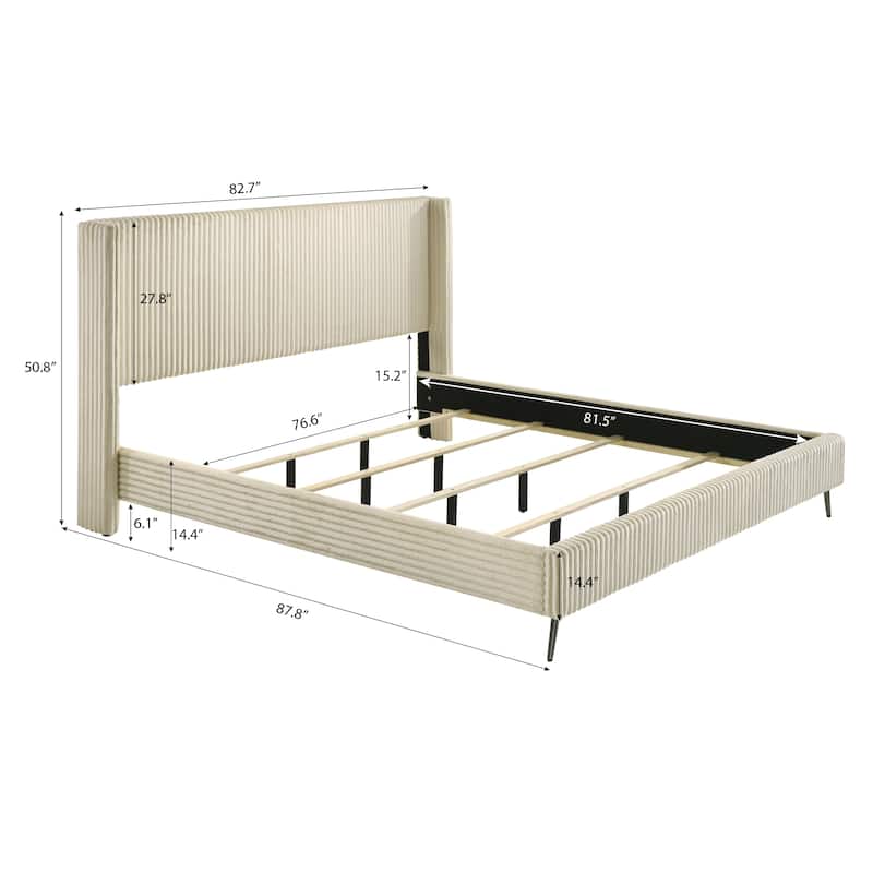 King Size Upholstered Panel Bed with Wide Wale Corduroy Fabric, Elegant Wingback Headboard, Modern Design