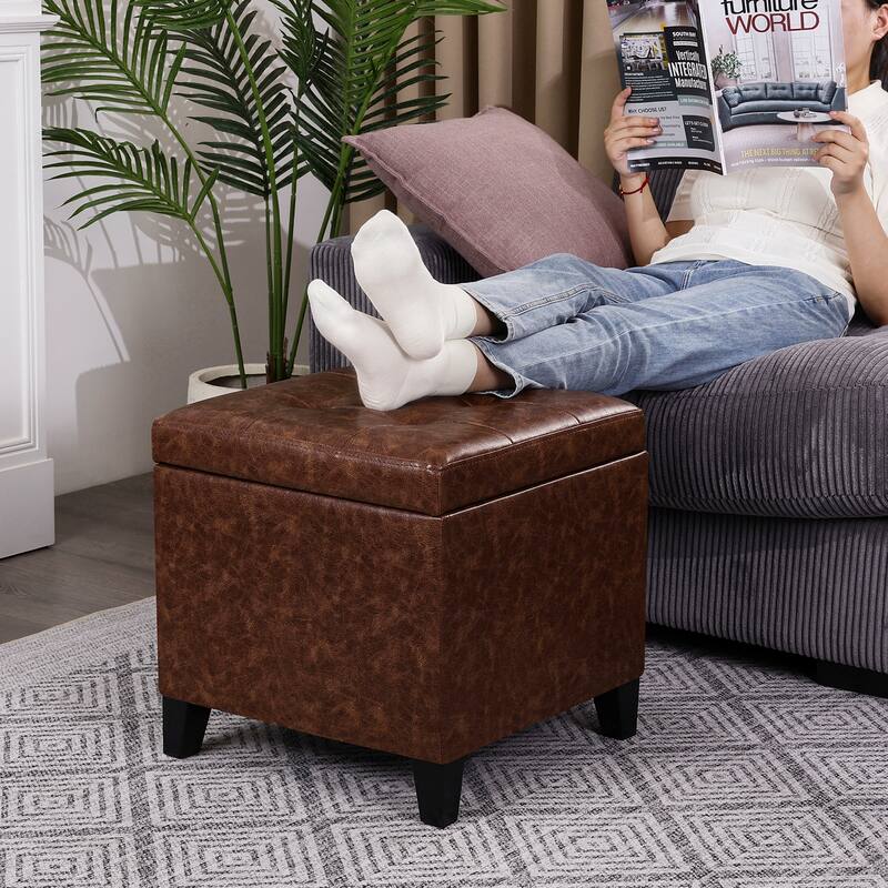 Adeco Bonded Leather Square Tufted Cubic Cube Storage Ottomans