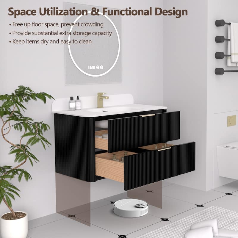 36" Floating Bathroom Vanity with Integrated countertop Rectangulare Sink Solid Wood