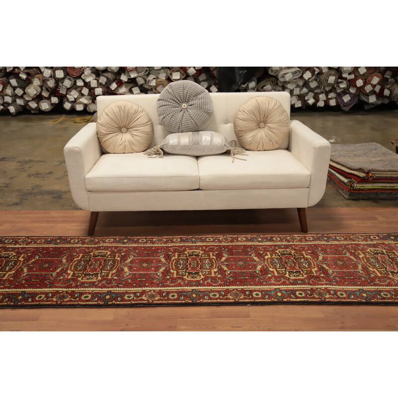 Hand Knotted Oriental 100% Wool Carpet Traditional Geometric Oranges & Rust Heriz (serapi) Runner Rug - 10' 0'' X 2' 6''