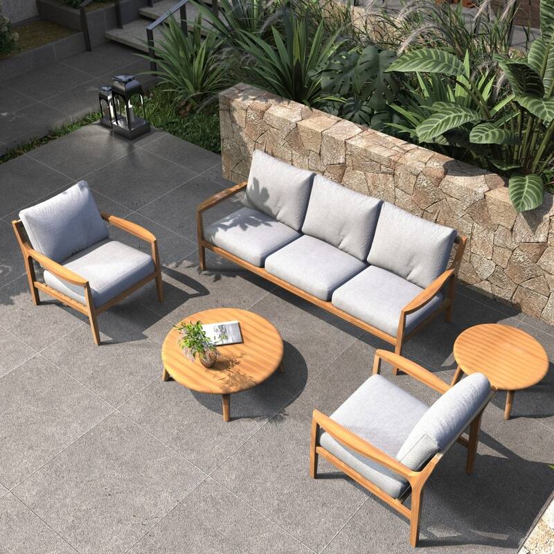 Contemporary 5-piece Outdoor Acacia Wood Conversation Sofa Set with Removable Cushions