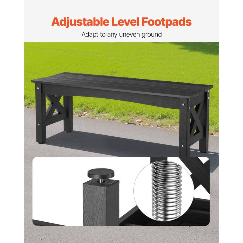 Black Plastic Backless Garden Bench with Cross-Leg Design for Comfortable 2-Person Seating - 44.5” x 15.7” x 17.1”