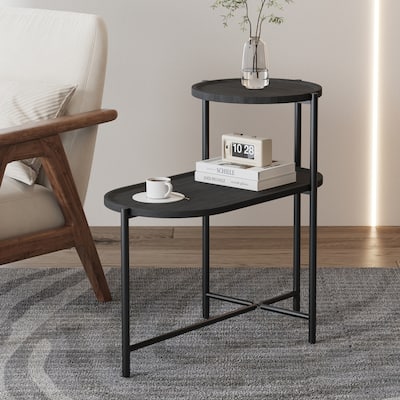Round Coffee Table with Storage Tray, 2 Tier Oval End Tables, Wooden Small Side Table for Living Room