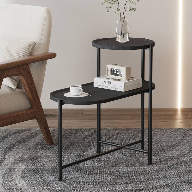Small Coffee Table 2 Tier Modern Sofa Side Table with Wooden Storage Shelf Adjustable Table Legs, for Living Room Office - Black