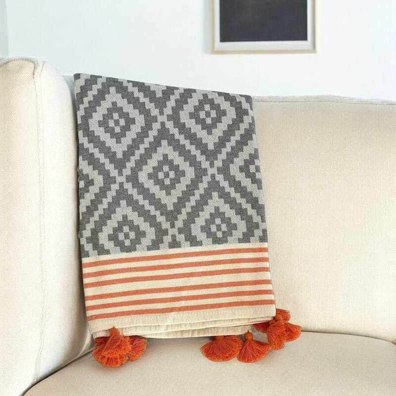 HomeRoots 39" X 71" Gray and Orange Cotton Geometric Turkish Towel Throw Blanket with Tassels - Throw - Orange/Gray