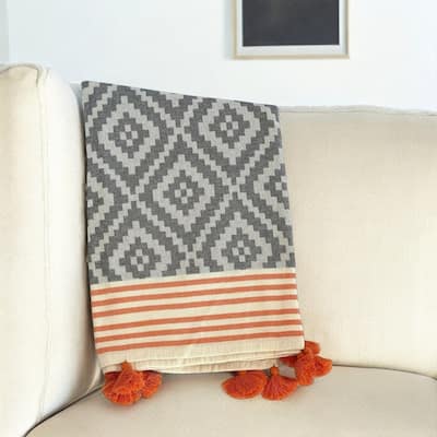 HomeRoots 39" X 71" Gray and Orange Cotton Geometric Turkish Towel Throw Blanket with Tassels