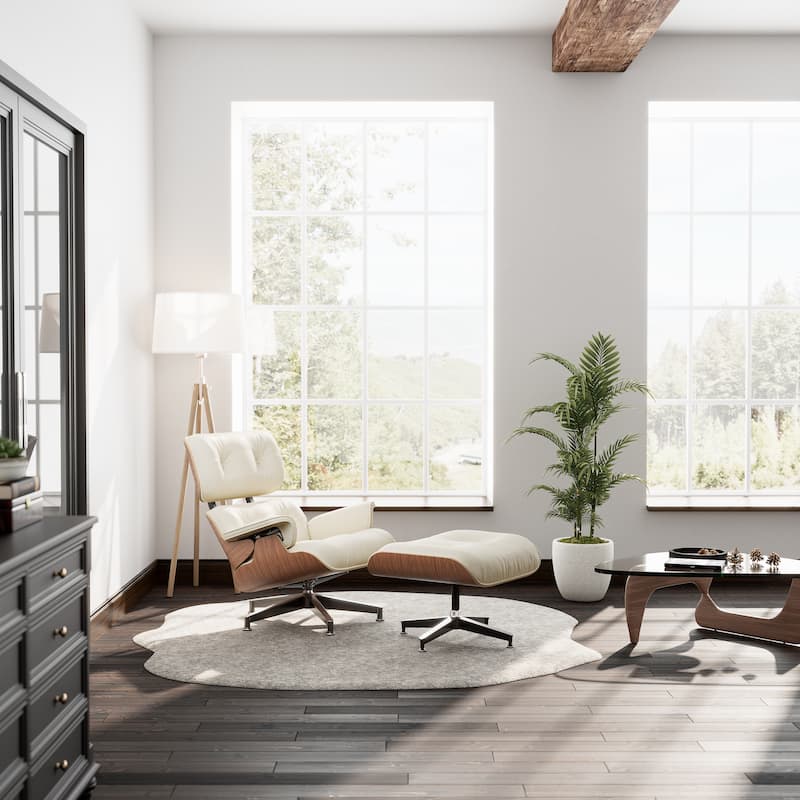 Mid-century Full Grain Leather Accent Chaise Lounge Chair and Ottoman