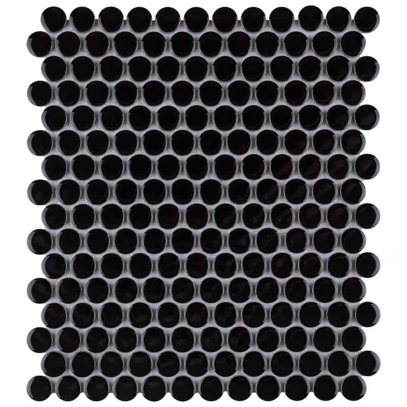 Merola Tile Metro Penny Glossy Black 9-3/4" x 11-1/2" Porcelain Mosaic Floor and Wall Tile - Case (10 Tiles)