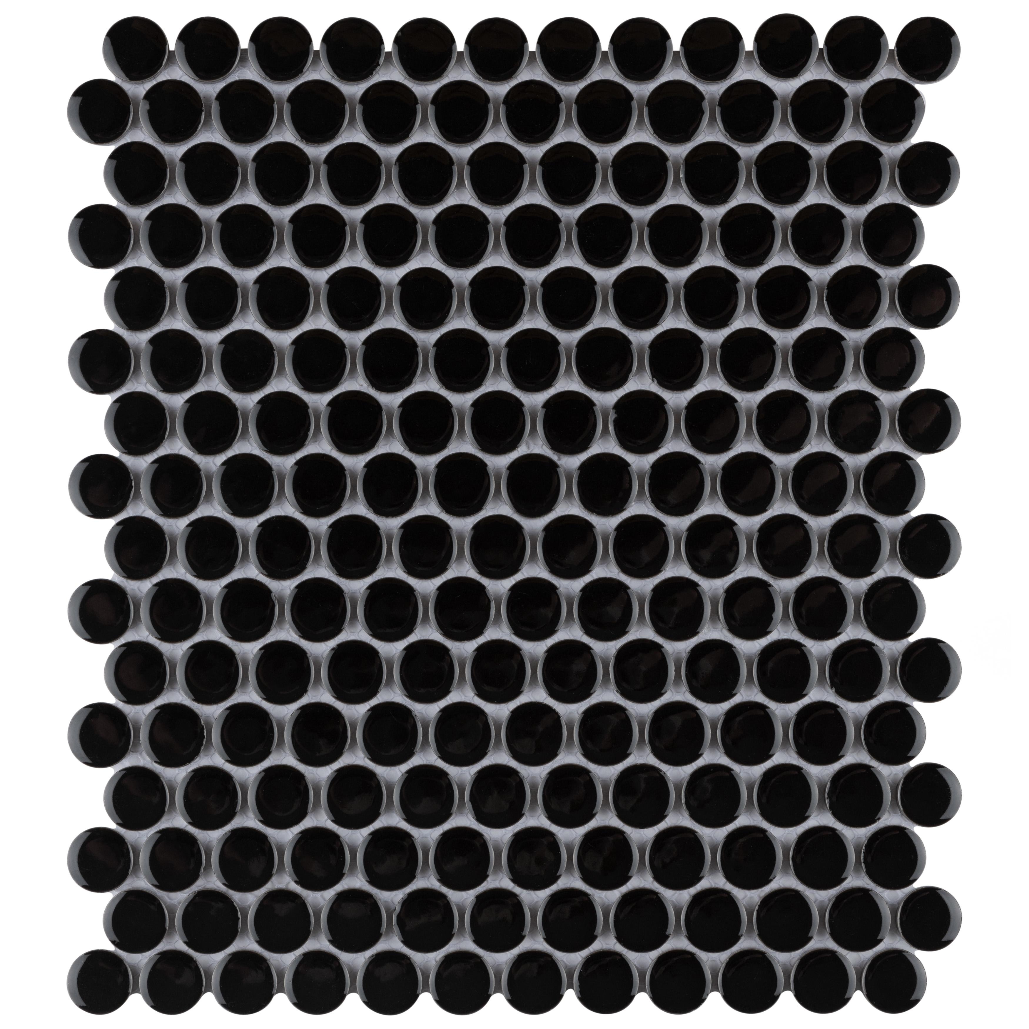 Merola Tile Metro Penny Glossy Black 9-3/4" x 11-1/2" Porcelain Mosaic Floor and Wall Tile
