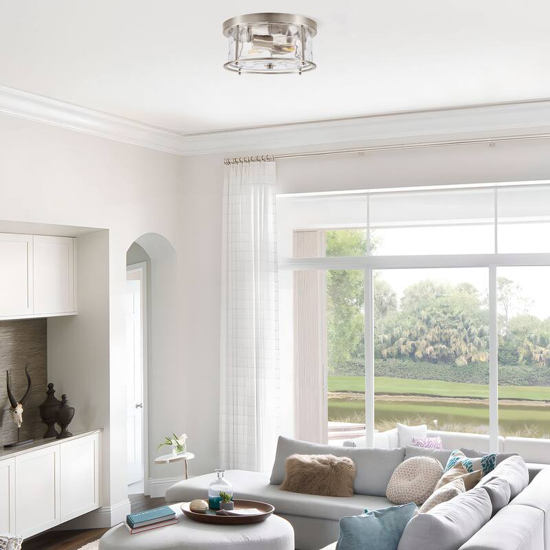 2-Light Flush Mount Water Rippled Glass Ceiling Light with Metal Frame