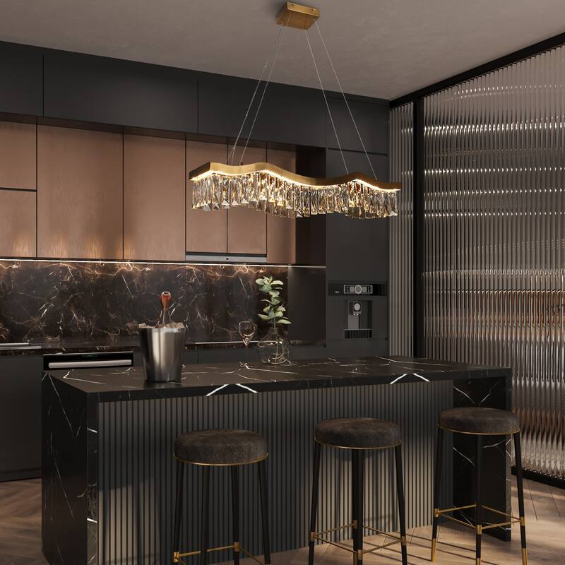 Modern Gold 1-Light LED Crystal Chandelier Kitchen Island Light for Dining Room - W 33.5" x H 9" x D 7.9"