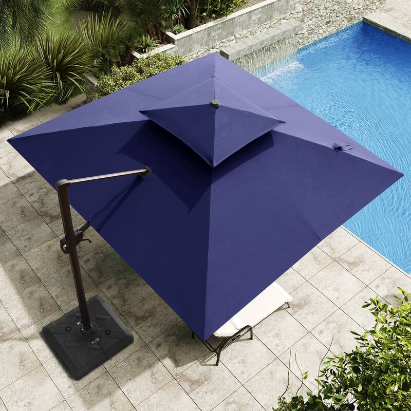 Outdoor Square 360 Degree Rotation Patio Cantilever Offset Umbrella with Base - Navy Blue