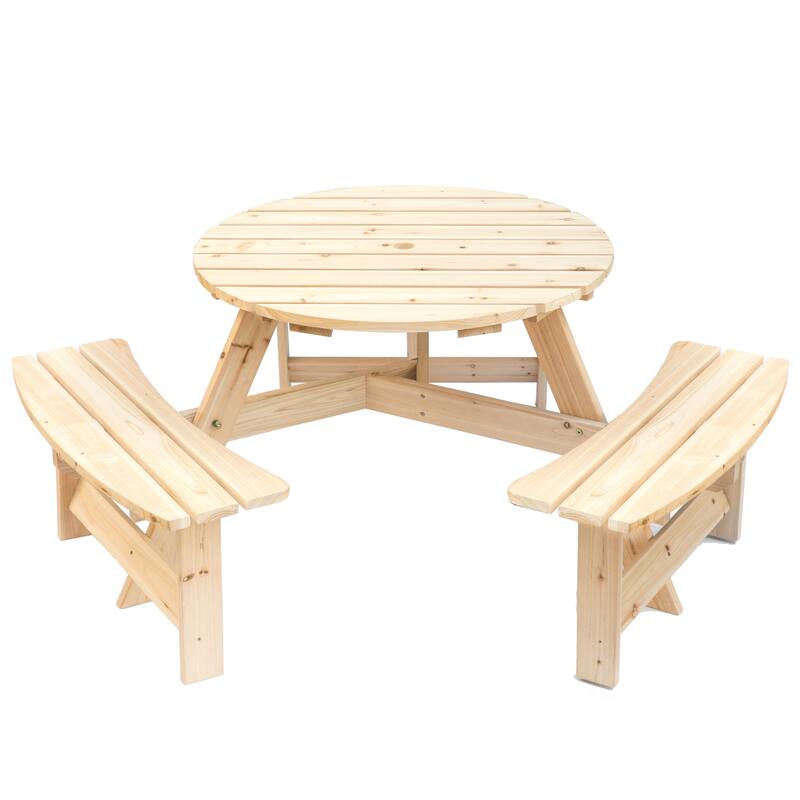 Wooden Outdoor Round Picnic Table w/ Integrated Bench Seats