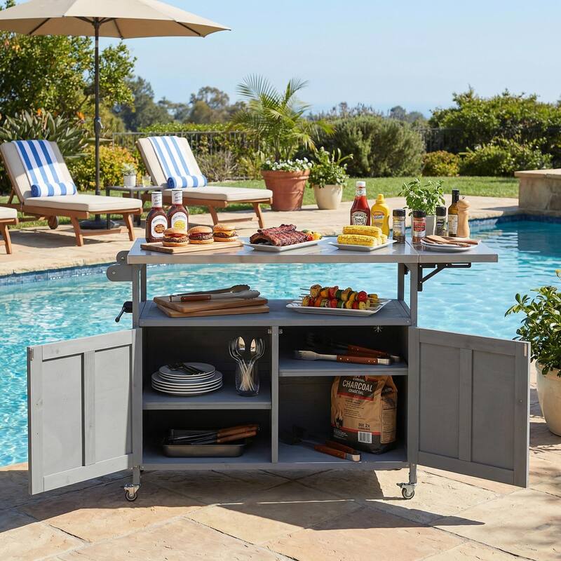 Foldable Outdoor Mobile Portable Kitchen Island Cart with Lockable Wheels, Storage Cabinet and Towel Rack