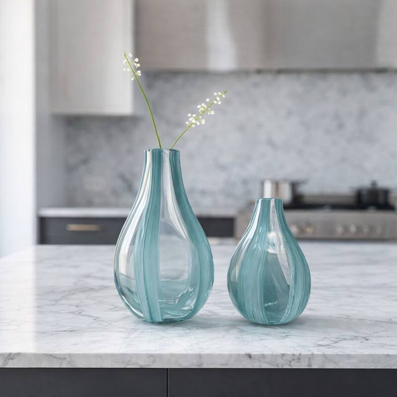 Green Striped Tear Drop Glass Set of Two Elegant Art Deco Vases