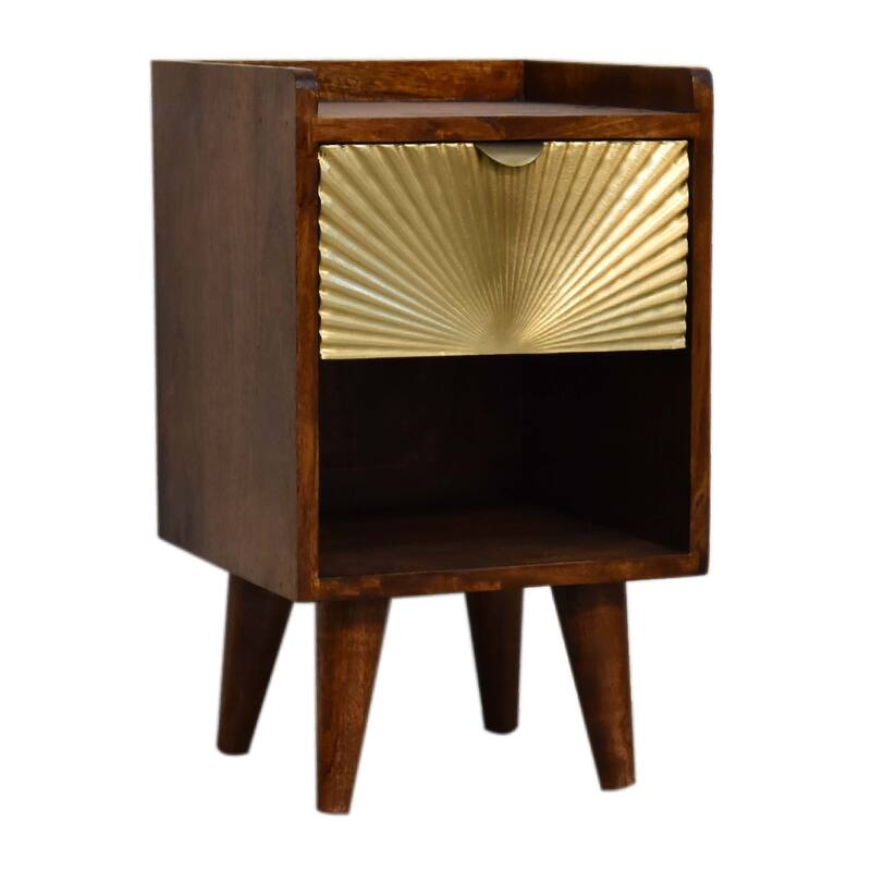 Dark Brown Solid Wood Mini Nightstand with Nordic Legs and Brass Drawer