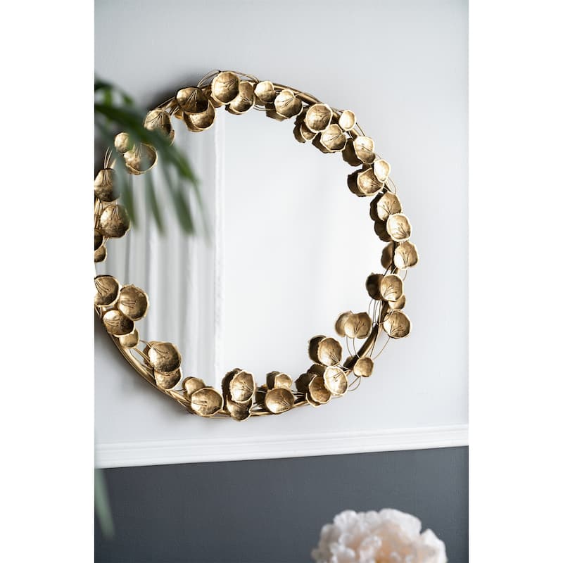 Round Metal Wall Mirror with Golden Leaf Accents