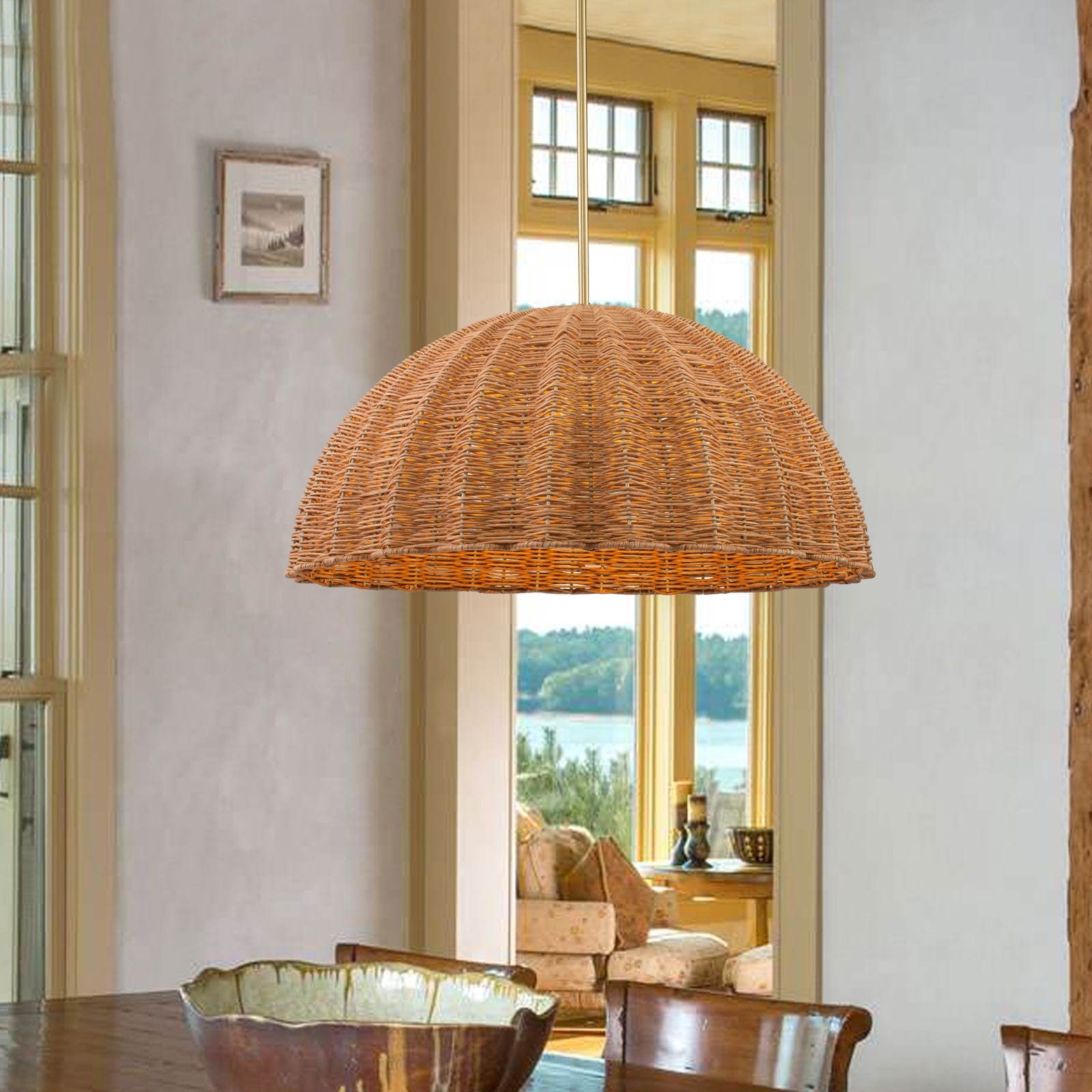 Farmhouse 1-Light Dome Pendant Light with Rattan Shades
