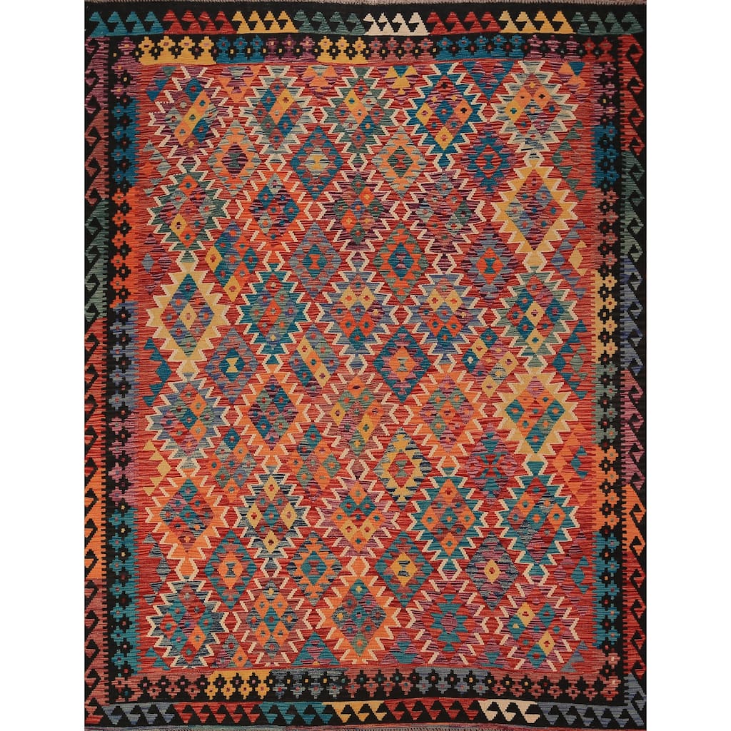Geometric Kilim Oriental Area Rug Flatweave Wool Carpet - 8'1" x 9'9"