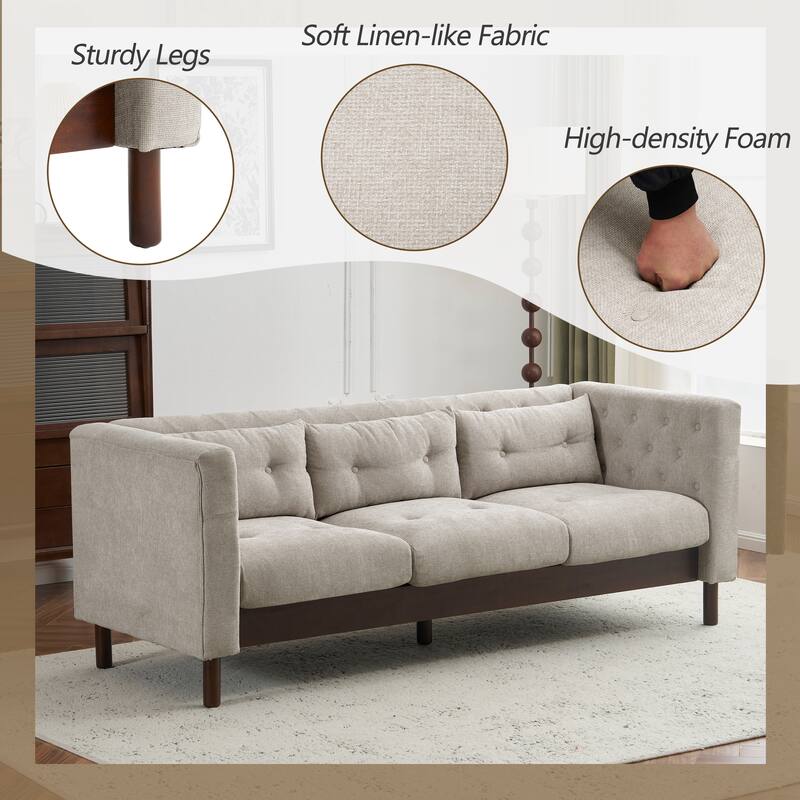 Roomfitters Modern 3-Seater Upholstered Sofa Couch with Tufted Back, Linen-Like Fabric, Greyish Beige